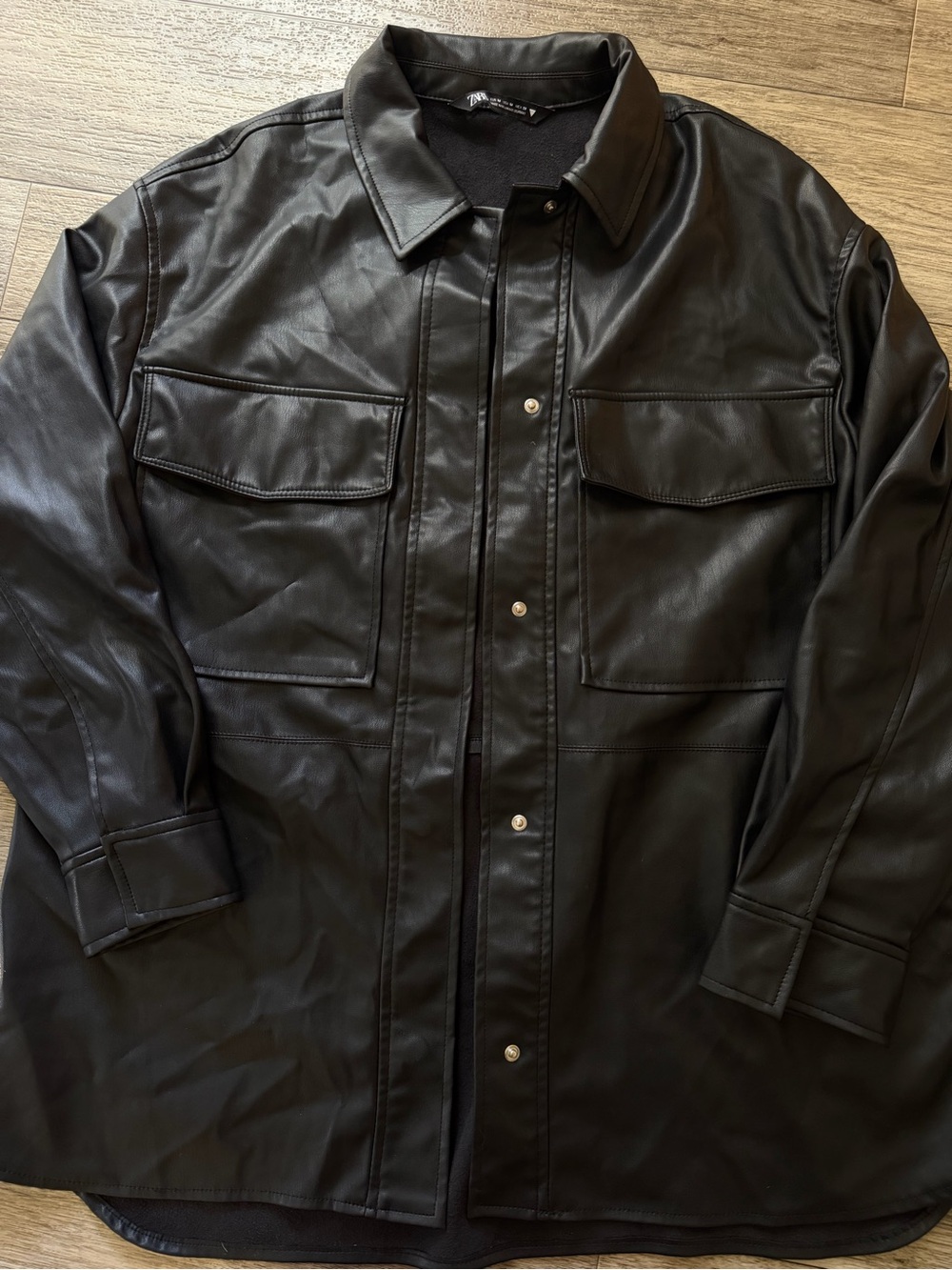 Zara Black Faux Leather Shirt/Jacket - Classic Collar Long Length